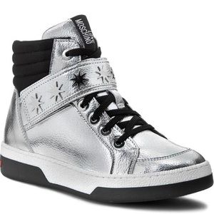 Love Moschino Leather High Top Sneaker Silver/Black EU39 US9 Excellent Condition